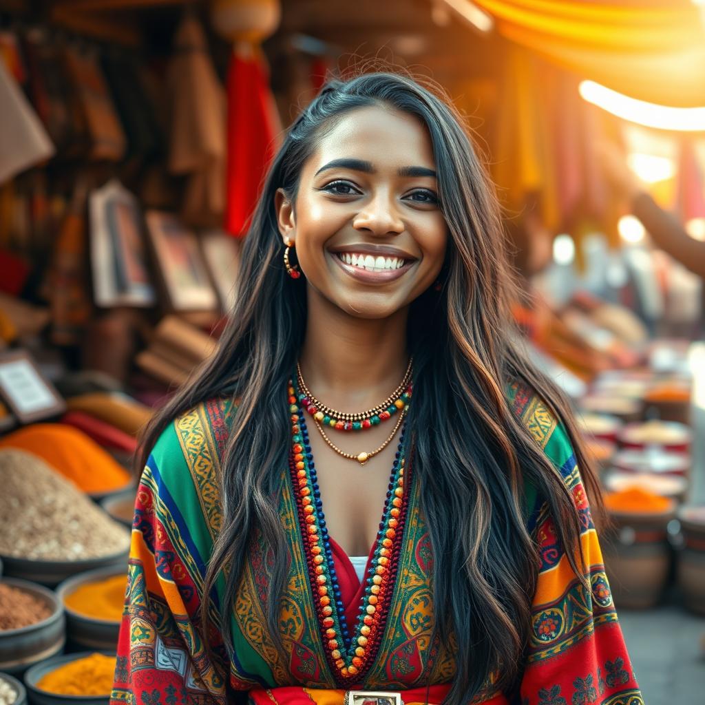 A joyful Northern African woman with light skin, wearing colorful traditional attire