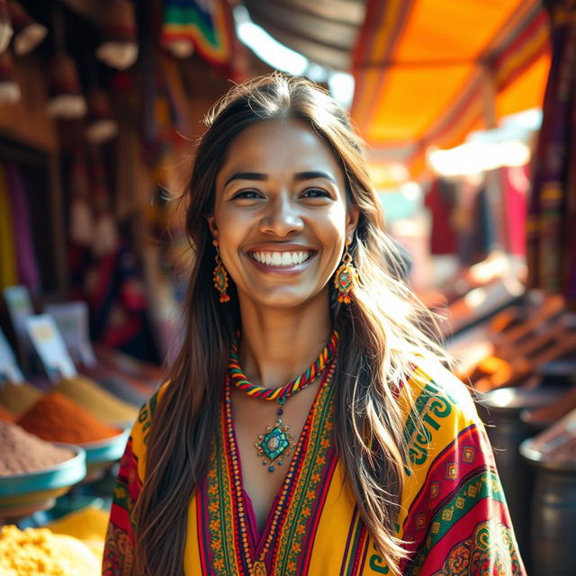 A joyful Northern African woman with light skin, wearing colorful traditional attire