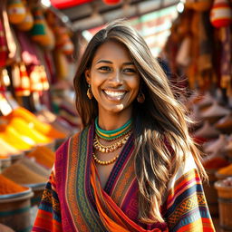 A joyful Northern African woman with light skin, wearing colorful traditional attire