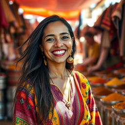 A joyful Northern African woman with light skin, wearing colorful traditional attire
