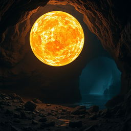 A massive, glowing fireball suspended in a dark, cold underground cavern, illuminating the rocky textures and creating dramatic shadows on the walls