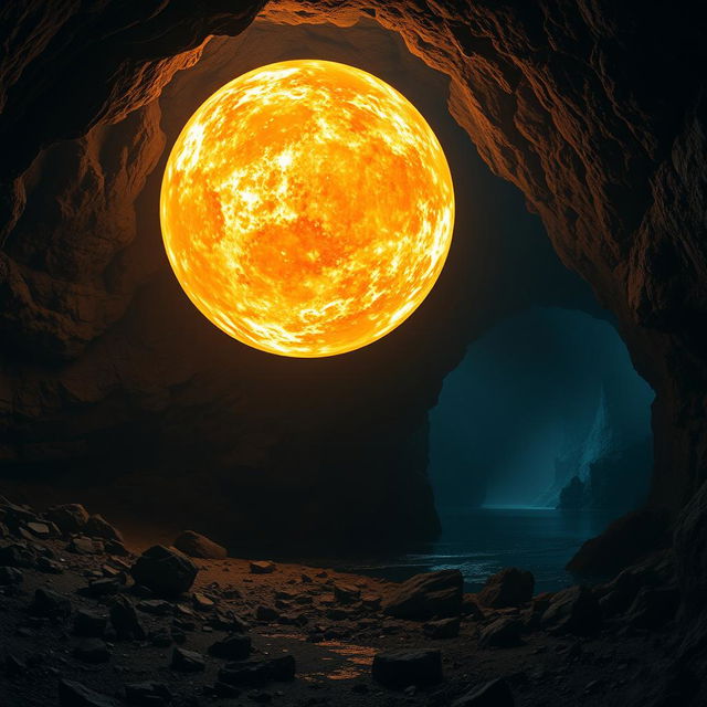A massive, glowing fireball suspended in a dark, cold underground cavern, illuminating the rocky textures and creating dramatic shadows on the walls
