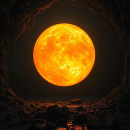 A massive, glowing fireball suspended in a dark, cold underground cavern, illuminating the rocky textures and creating dramatic shadows on the walls
