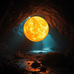 A massive, glowing fireball suspended in a dark, cold underground cavern, illuminating the rocky textures and creating dramatic shadows on the walls