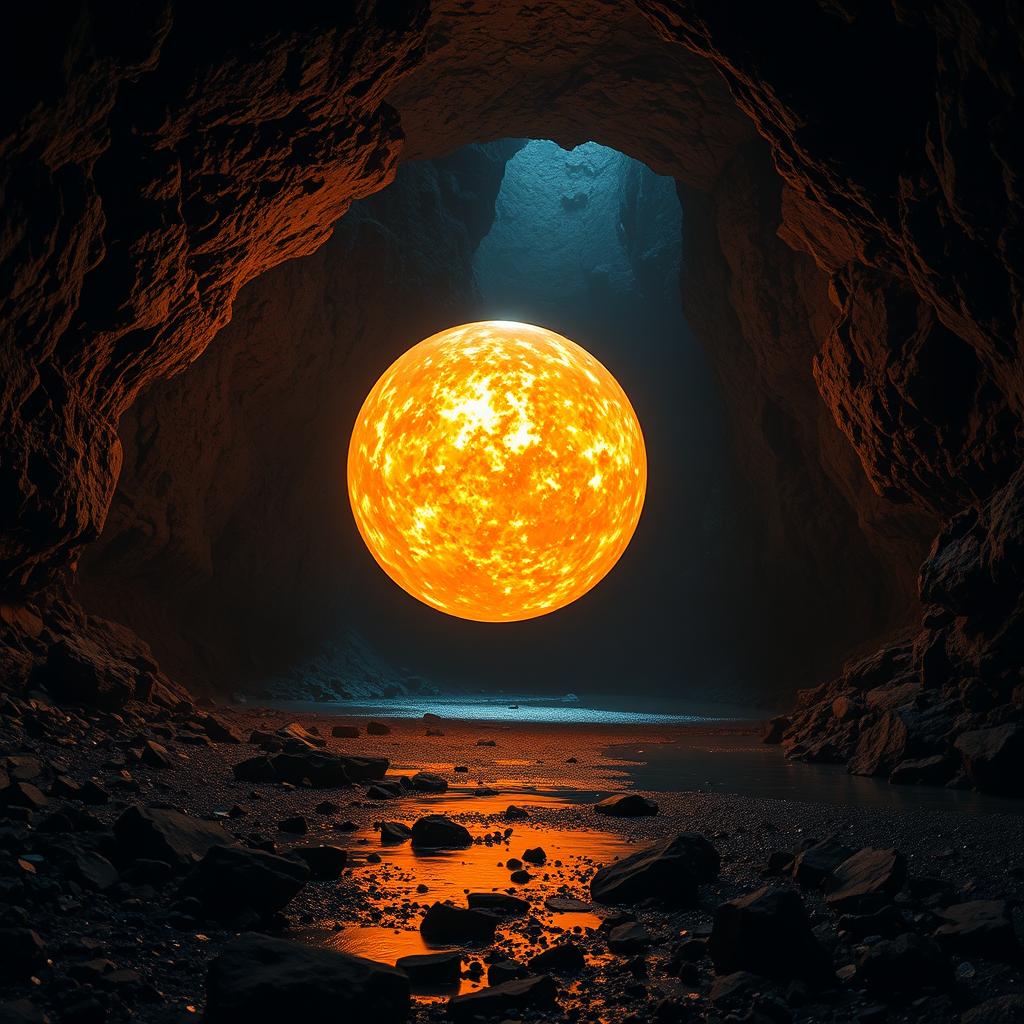 A massive, glowing fireball suspended in a dark, cold underground cavern, illuminating the rocky textures and creating dramatic shadows on the walls