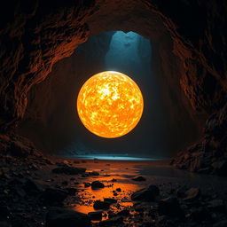 A massive, glowing fireball suspended in a dark, cold underground cavern, illuminating the rocky textures and creating dramatic shadows on the walls