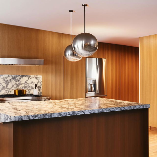 Modern kitchen with polished granite countertops, stainless steel appliances, and sleek wooden cabinets, illuminated by warm pendant lighting.