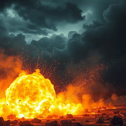 A mystical scene depicting a giant fireball engulfing the ground, creating a mesmerizing explosion of flames, smoke, and light