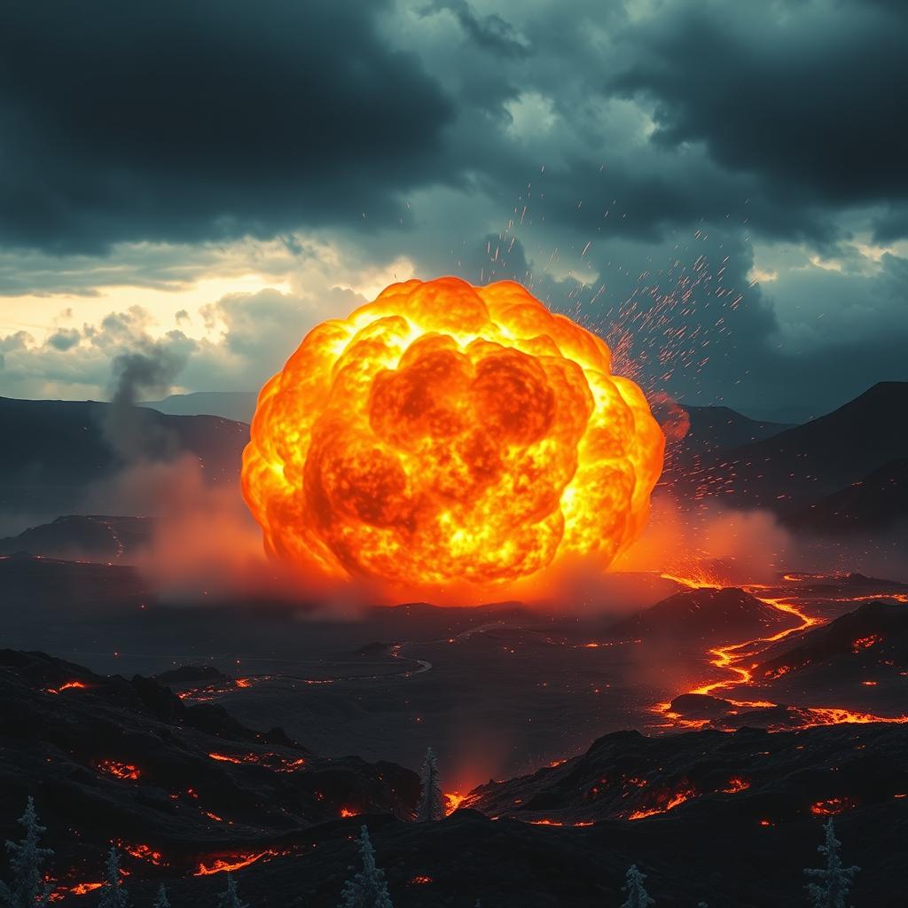 A mystical scene depicting a giant fireball engulfing the ground, creating a mesmerizing explosion of flames, smoke, and light