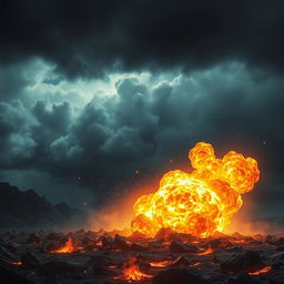 A mystical scene depicting a giant fireball engulfing the ground, creating a mesmerizing explosion of flames, smoke, and light