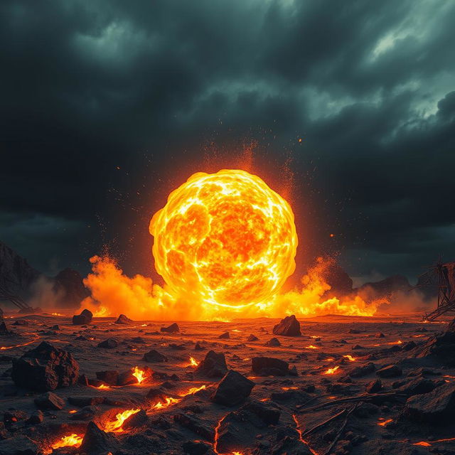 A mystical scene depicting a giant fireball engulfing the ground, creating a mesmerizing explosion of flames, smoke, and light