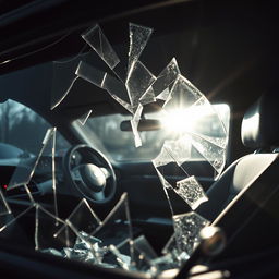 An interior view of a car with a shattered window