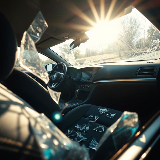 An interior view of a car with a shattered window