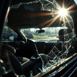 An interior view of a car with a shattered window