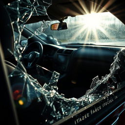 An interior view of a car with a shattered window