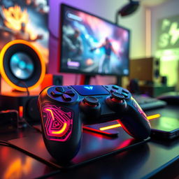 A beautifully detailed gaming controller, featuring a sleek, modern design with vibrant colors, intricate textures, and a glowing LED display