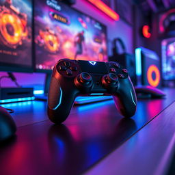 A beautifully detailed gaming controller, featuring a sleek, modern design with vibrant colors, intricate textures, and a glowing LED display