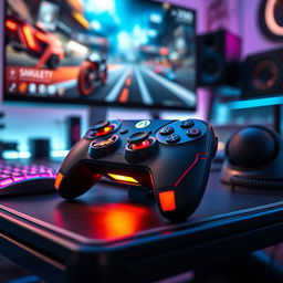 A beautifully detailed gaming controller, featuring a sleek, modern design with vibrant colors, intricate textures, and a glowing LED display