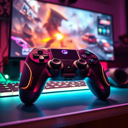 A beautifully detailed gaming controller, featuring a sleek, modern design with vibrant colors, intricate textures, and a glowing LED display