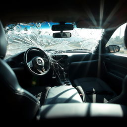 An interior view of a car with a broken window, focusing on the shattered glass from the inside perspective