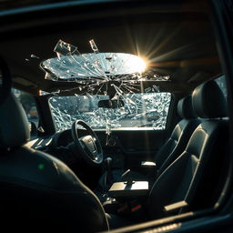 An interior view of a car with a broken window, focusing on the shattered glass from the inside perspective