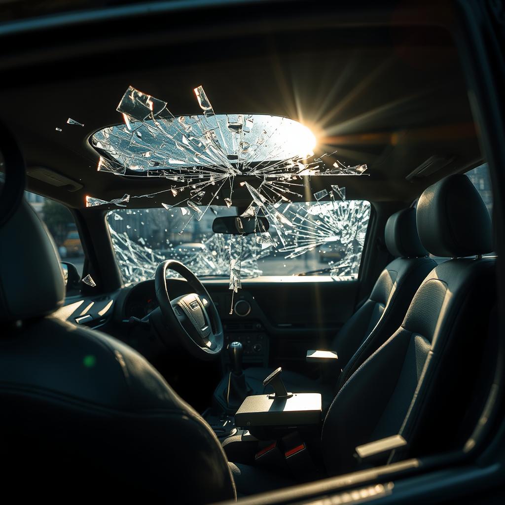An interior view of a car with a broken window, focusing on the shattered glass from the inside perspective