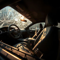 An interior view of a car with a broken window, focusing on the shattered glass from the inside perspective