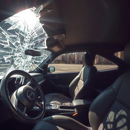 An interior view of a car with a broken window, focusing on the shattered glass from the inside perspective