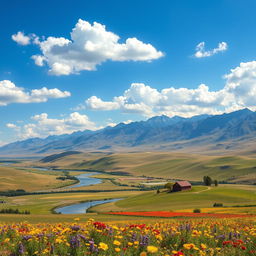 A stunning landscape depicting the vast American countryside, featuring rolling hills under a bright blue sky with fluffy white clouds