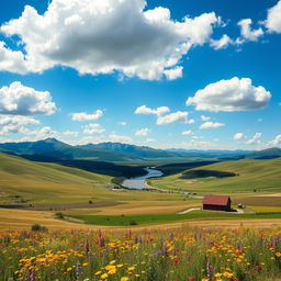 A stunning landscape depicting the vast American countryside, featuring rolling hills under a bright blue sky with fluffy white clouds