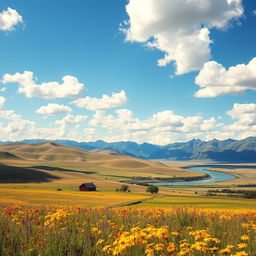 A stunning landscape depicting the vast American countryside, featuring rolling hills under a bright blue sky with fluffy white clouds