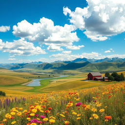 A stunning landscape depicting the vast American countryside, featuring rolling hills under a bright blue sky with fluffy white clouds