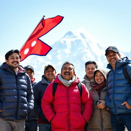 A group of Nepalese people standing proudly near Mount Everest, capturing a moment of joy as one man laughs heartily