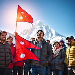 A group of Nepalese people standing proudly near Mount Everest, capturing a moment of joy as one man laughs heartily