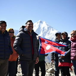 A group of Nepalese people standing proudly near Mount Everest, capturing a moment of joy as one man laughs heartily