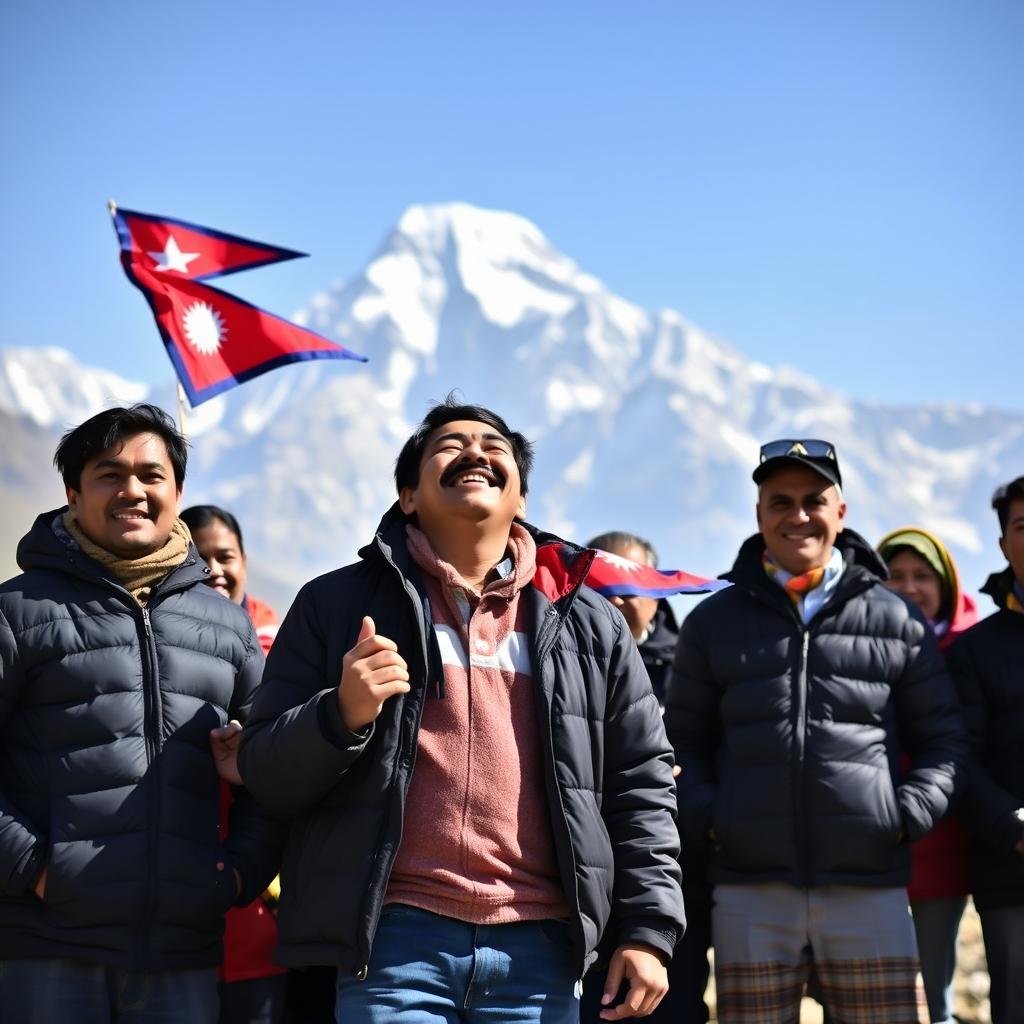 A group of Nepalese people standing proudly near Mount Everest, capturing a moment of joy as one man laughs heartily
