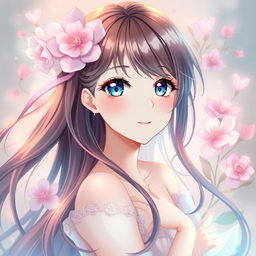A beautiful anime girl with long flowing hair, striking expressive eyes, and a captivating smile