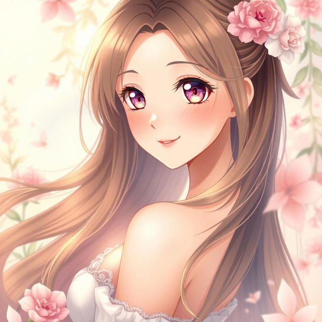 A beautiful anime girl with long flowing hair, striking expressive eyes, and a captivating smile