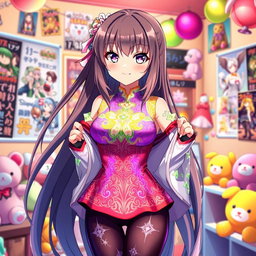 A mesmerizing anime girl with long flowing hair, standing confidently in a vibrant, colorful room