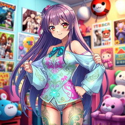 A mesmerizing anime girl with long flowing hair, standing confidently in a vibrant, colorful room