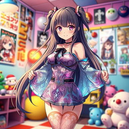 A mesmerizing anime girl with long flowing hair, standing confidently in a vibrant, colorful room