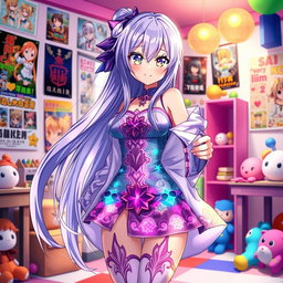 A mesmerizing anime girl with long flowing hair, standing confidently in a vibrant, colorful room