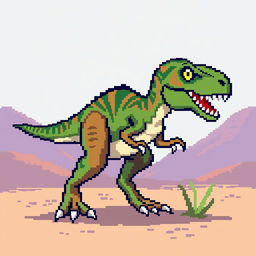 A pixel art depiction of a velociraptor, designed in a 64x64 pixel format, showcasing the dinosaur's distinct features such as its sharp claws, agile body, and unique feathers