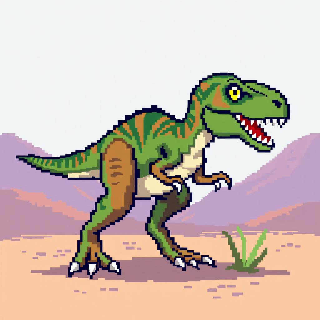 A pixel art depiction of a velociraptor, designed in a 64x64 pixel format, showcasing the dinosaur's distinct features such as its sharp claws, agile body, and unique feathers