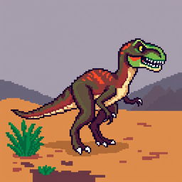 A pixel art depiction of a velociraptor, designed in a 64x64 pixel format, showcasing the dinosaur's distinct features such as its sharp claws, agile body, and unique feathers