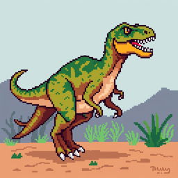 A pixel art depiction of a velociraptor, designed in a 64x64 pixel format, showcasing the dinosaur's distinct features such as its sharp claws, agile body, and unique feathers