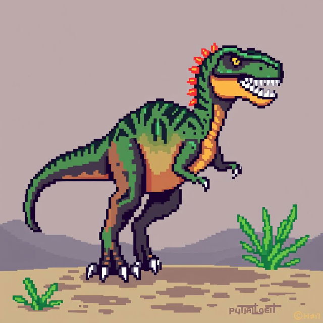 A pixel art depiction of a velociraptor, designed in a 64x64 pixel format, showcasing the dinosaur's distinct features such as its sharp claws, agile body, and unique feathers