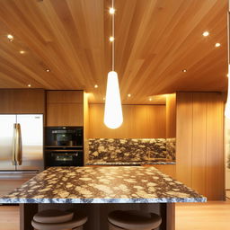 Modern kitchen with polished granite countertops, stainless steel appliances, and sleek wooden cabinets, illuminated by warm pendant lighting.