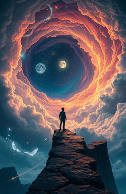 A lone figure standing at the edge of a surreal cliff or ancient, crumbling pathway, looking small yet determined as they gaze up into a vast, spiraling sky filled with glowing celestial elements