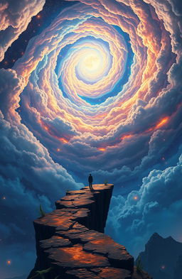 A lone figure standing at the edge of a surreal cliff or ancient, crumbling pathway, looking small yet determined as they gaze up into a vast, spiraling sky filled with glowing celestial elements
